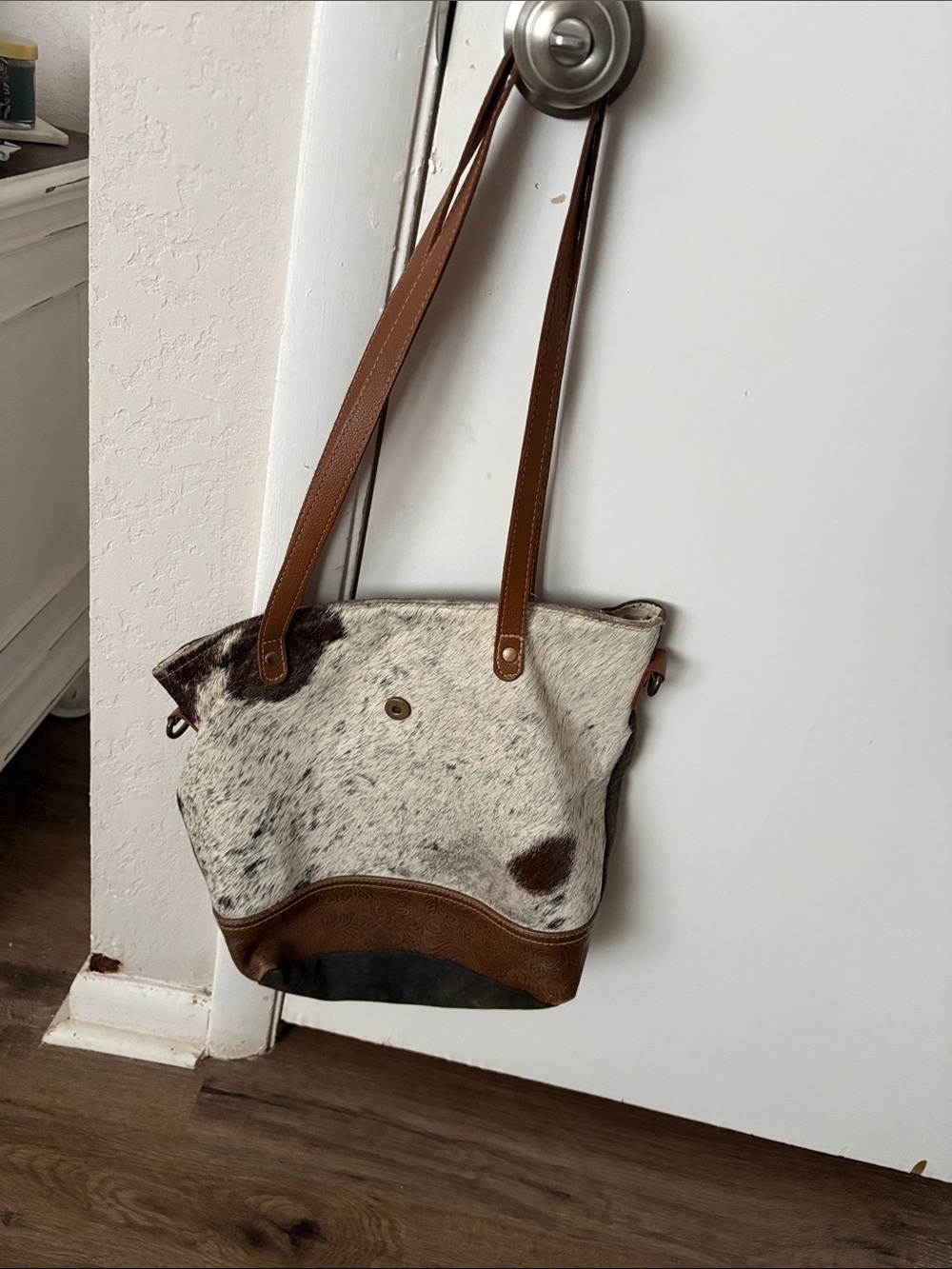 Myra Bag White and Brown Cowhide Tote with Tan Leather Trim